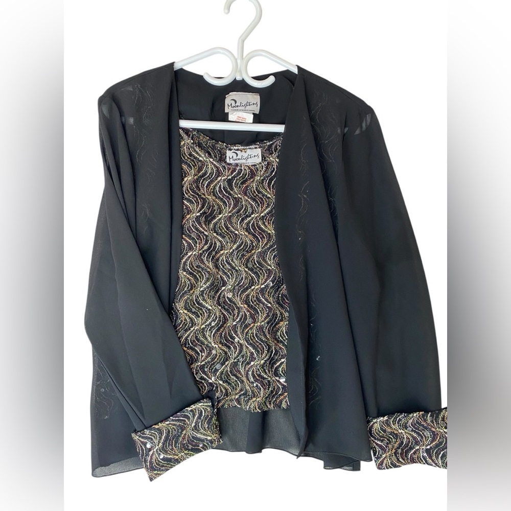 Moonlighting Vintage 2-Piece Set Sheer Black Jacket & Metallic Tank Size 16